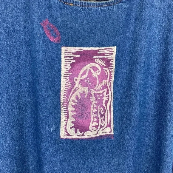 Cat lover Vtg denim short sleeve scoop neck embroidered side slit maxi dress XXL - Picture 3 of 17